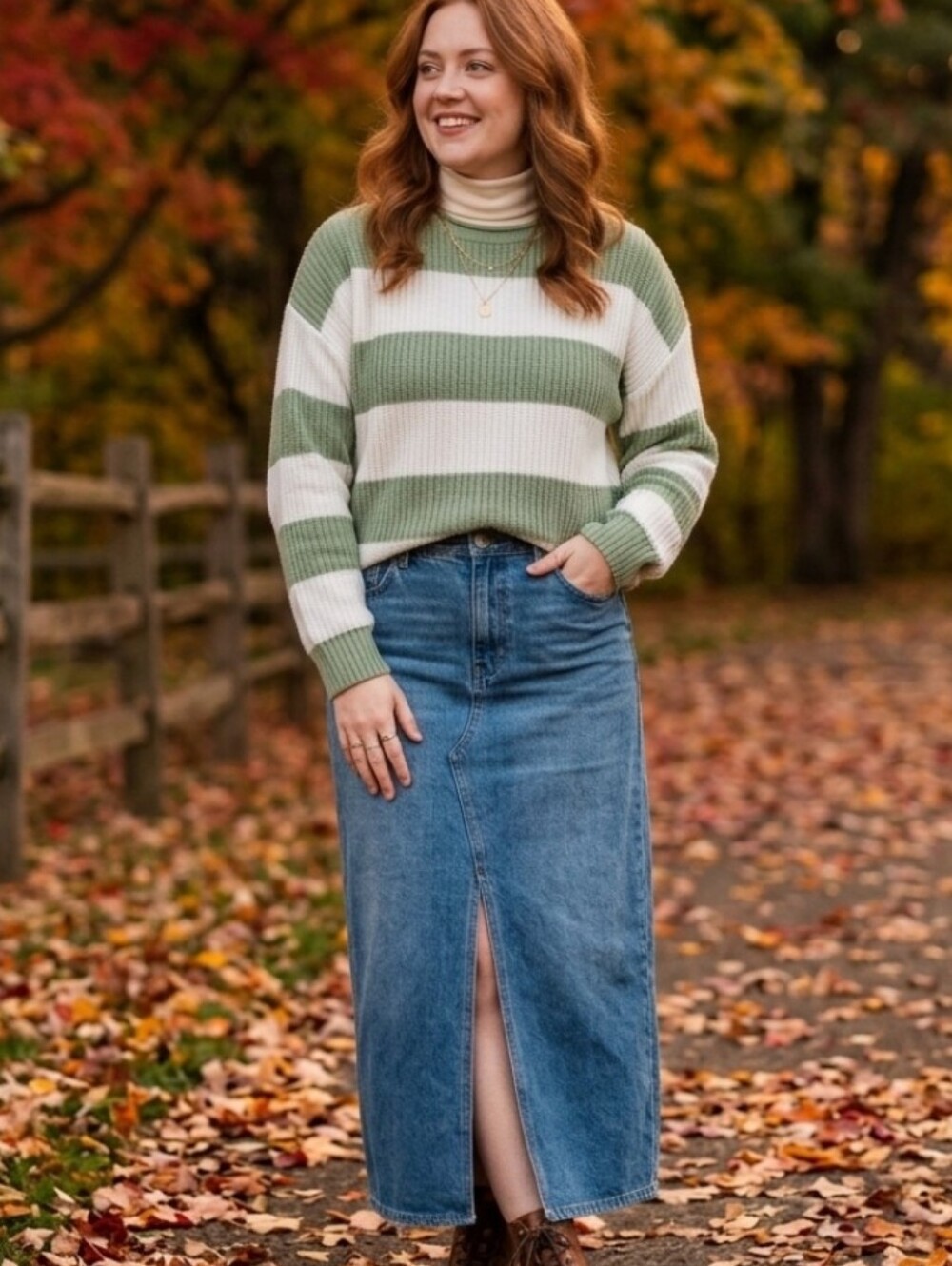 Striped Crewneck Sweater in Sage and Cream - Women